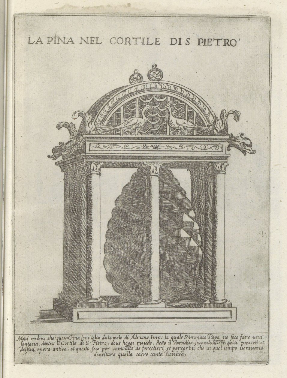 De Pigna te Vaticanststand لا بينا في فناء القديس بطرس (العنوان على الجسم) Moderne en Antieke monuments en bouwwerken in Rome (عنوان السلسلة) زخارف المباني القديمة والحديثة في مدينة ألما في روما (عنوان السلسلة) بواسطة جيوفاني ماجي