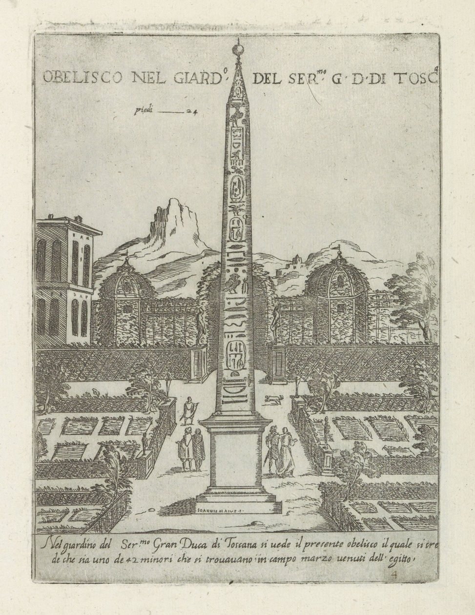 مسلة مصرية في حديقة فيلا ميديشي بروما Obelisco nel giard.o del ser.mo G. D. Di Tosc.a (العنوان على الكائن) الآثار والمباني الحديثة والقديمة في روما (عنوان السلسلة) زخرفة النسيج والمضادات والحداثة dell