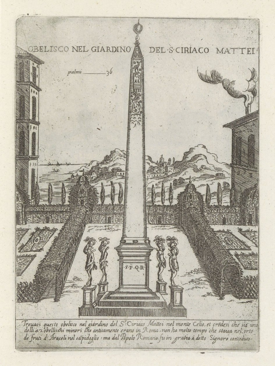 مسلة في de tuin van Ciriaco Mattei المسلة في حديقة S ciriaco Mattei (العنوان على الكائن) Moderne en Antieke monuments en bouwwerken in Rome (عنوان السلسلة) زخارف المباني القديمة والحديثة في مدينة ألما في روما (عنوان السلسلة) بواسطة جيوفاني ماجي