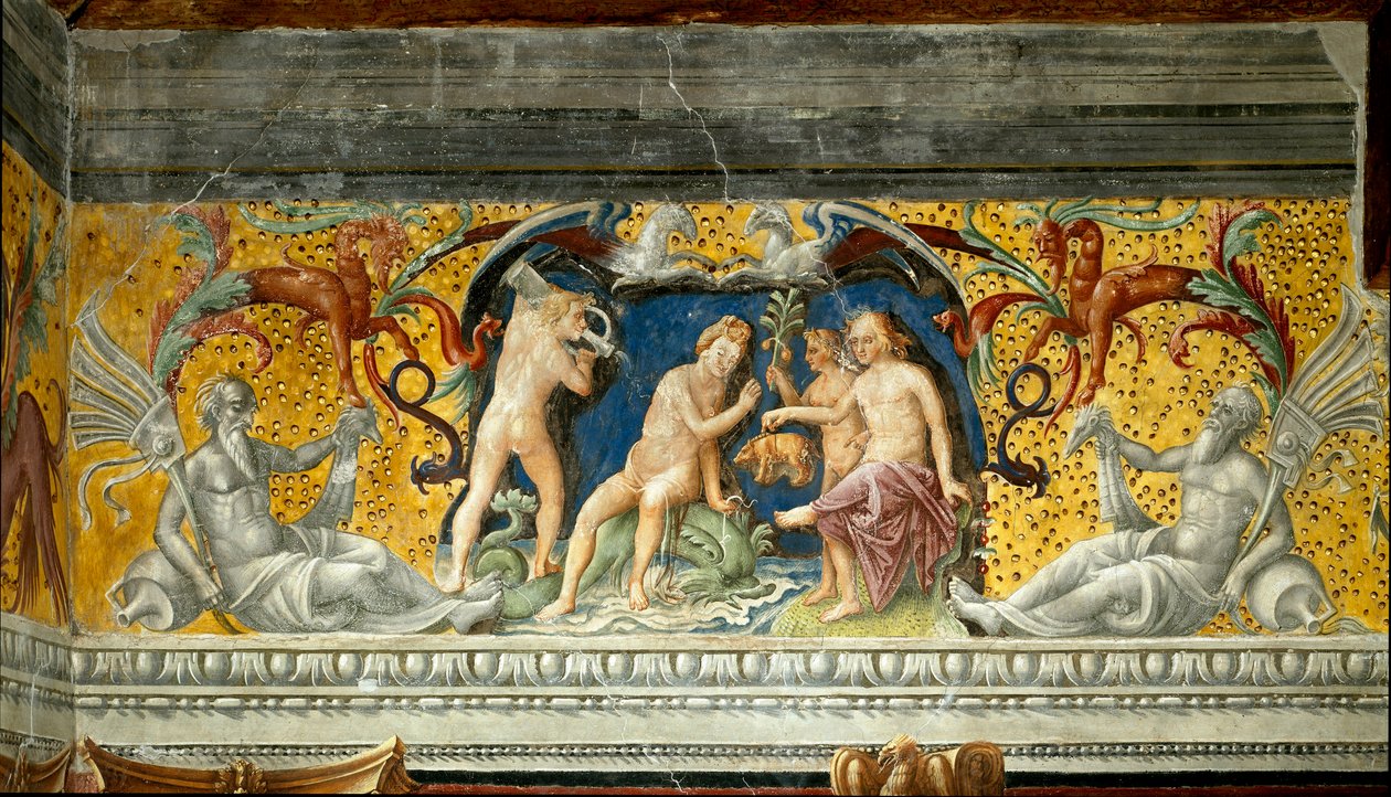 يُقدم لإله بحري خنزير صغير تفاصيل إفريز منسوب إلى جيوفاني ماريا فالكونيتو (1468-1534) 1520 حول مانتوفا ، بالازو داركو ، سالا ديلو زودياكو بواسطة جيوفاني ماريا فالكونيتو