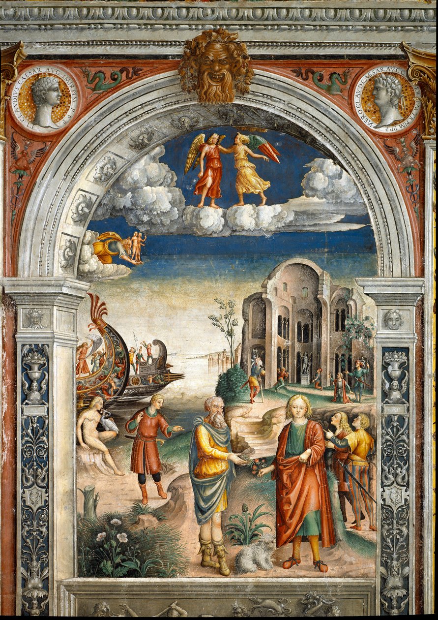 علامة البروج: "" الجواهر "أدناه ، أسطورة مرتبطة بميلاد الكوكبة المقابلة للعلامة: رجلان يتبادلان الخرشوف والزهور. امرأة تقبل طائرًا ، والرجال في الخلفية جاءوا الإله نبتون. ميداليات أعلى مع بور بواسطة جيوفاني ماريا فالكونيتو