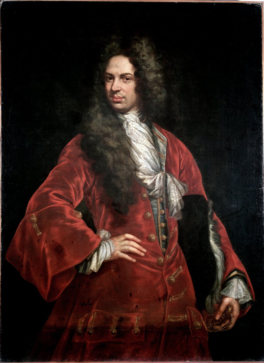 Portrait of a gentleman in red costume Painting by Giovanni Maria Delle Piane dit il Mulinaretto (1660-1745) Dim 132x97 cm Genes Musei di Strada Nuova (ex Palazzo Bianco) بواسطة دعا جيوفاني ماريا ديلي موليناريتو بيان