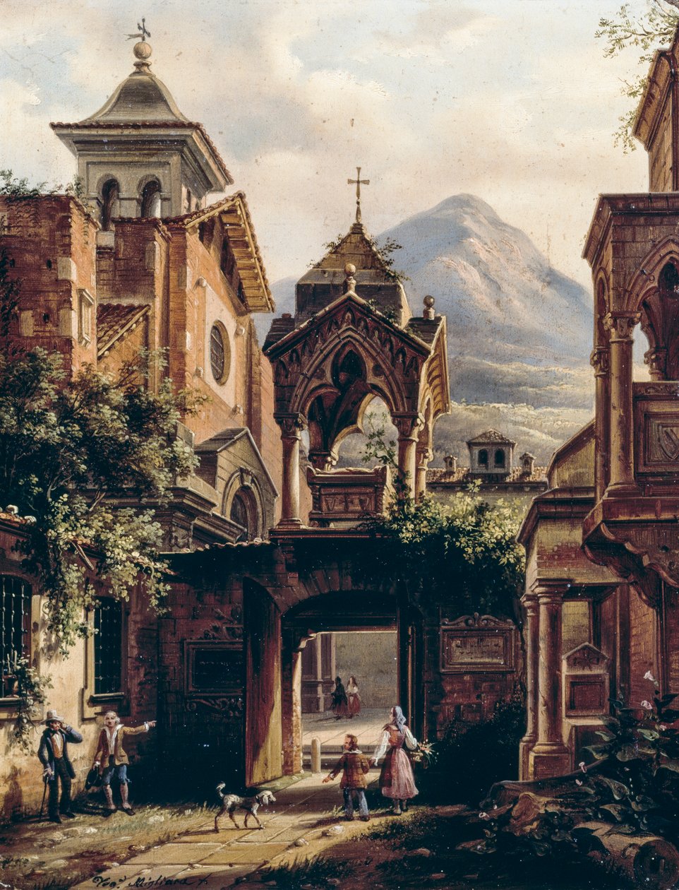 Exterior of ancient abbey with persons, by Giovanni Migliara (1785-1837) (signed Teodolinda Migliara), oil on board بواسطة جيوفاني ميجليارا