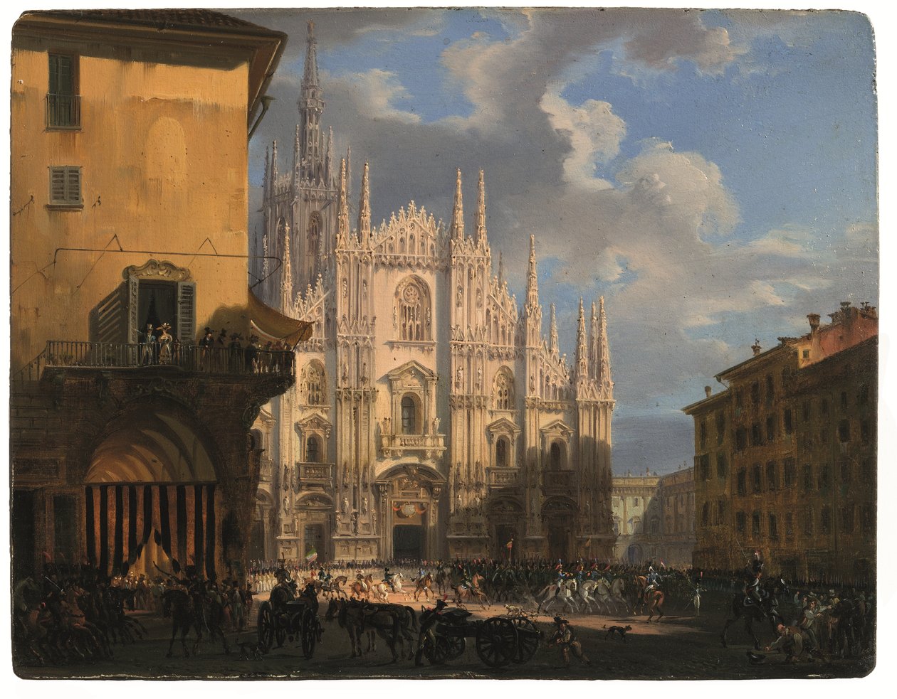 منظر لـ Piazza Duomo مع منطقة Figini المغطاة وكتلة Rebecchino ، ميلان (زيت على لوح) بواسطة جيوفاني ميجليارا