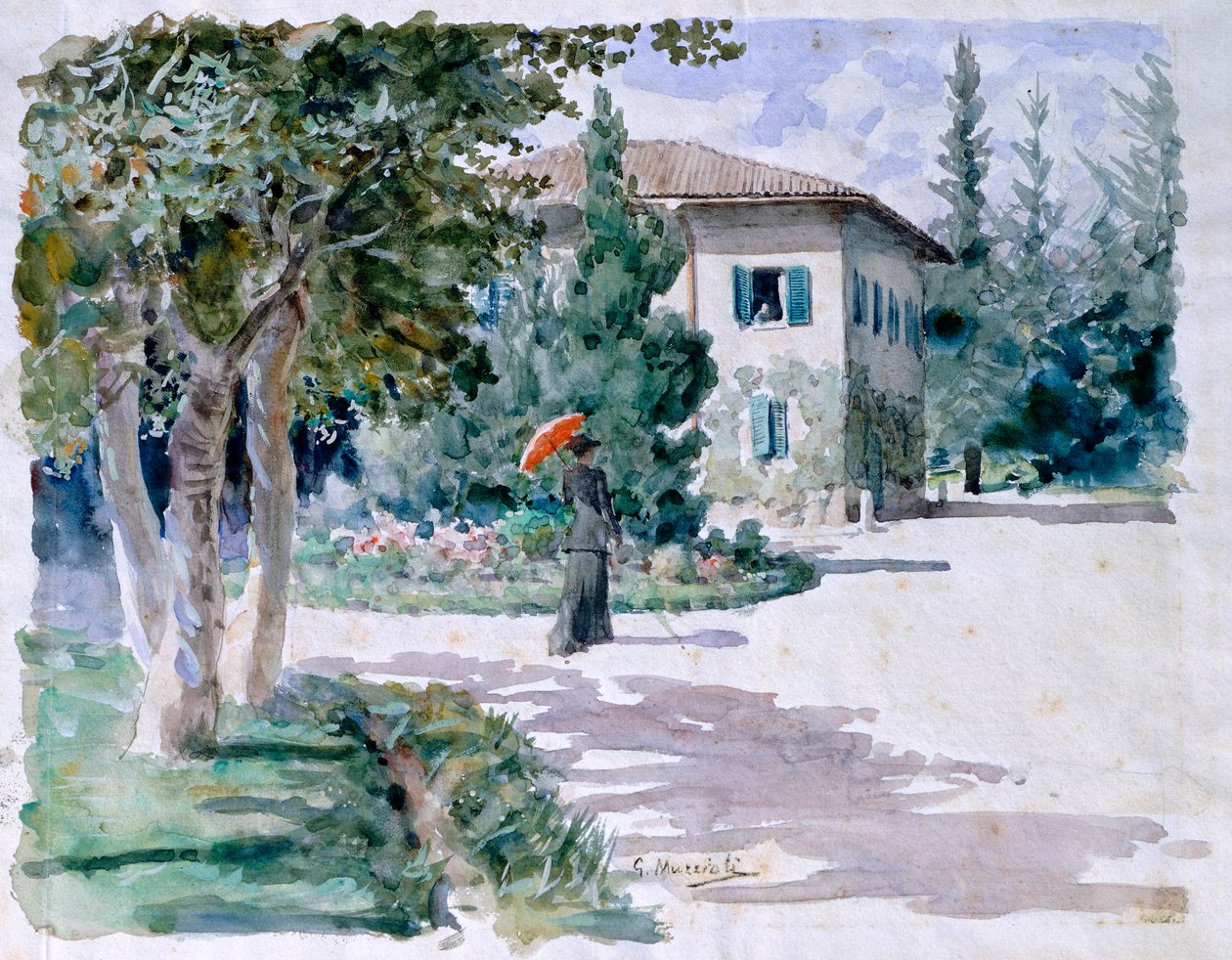 مظلة حمراء لجيوفاني موزيولي (1854-1894) ، ألوان مائية على ورق خفيف ، 305 × 392 مم بواسطة جيوفاني موزيولي