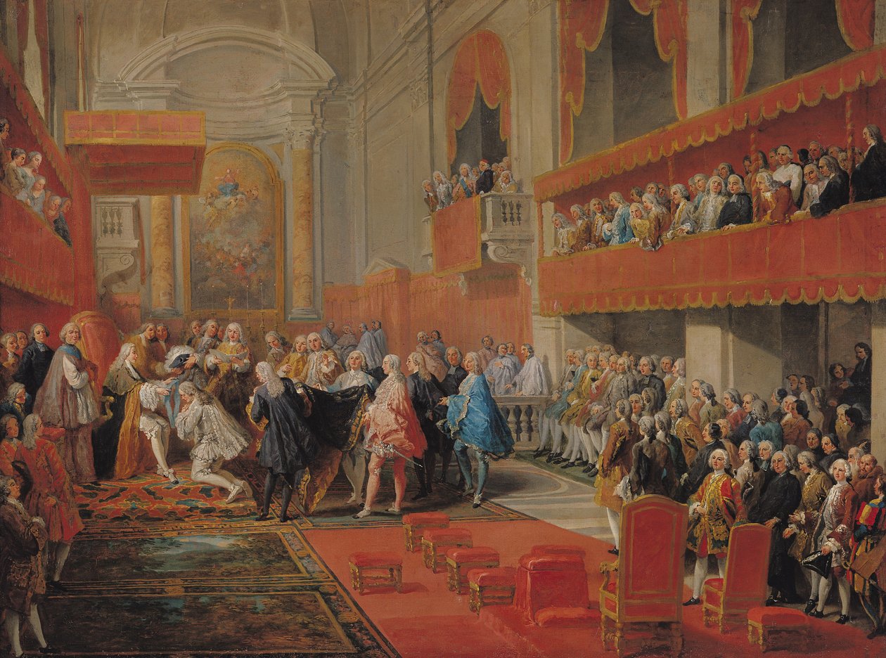 تقديم وسام الروح القدس للأمير Vaini بواسطة Paul-Hippolyte de Beauvillers (1684-1776) دوق القديس أيغنان في عام 1732 ، ج 1752 بواسطة جيوفاني باولو بانيني
