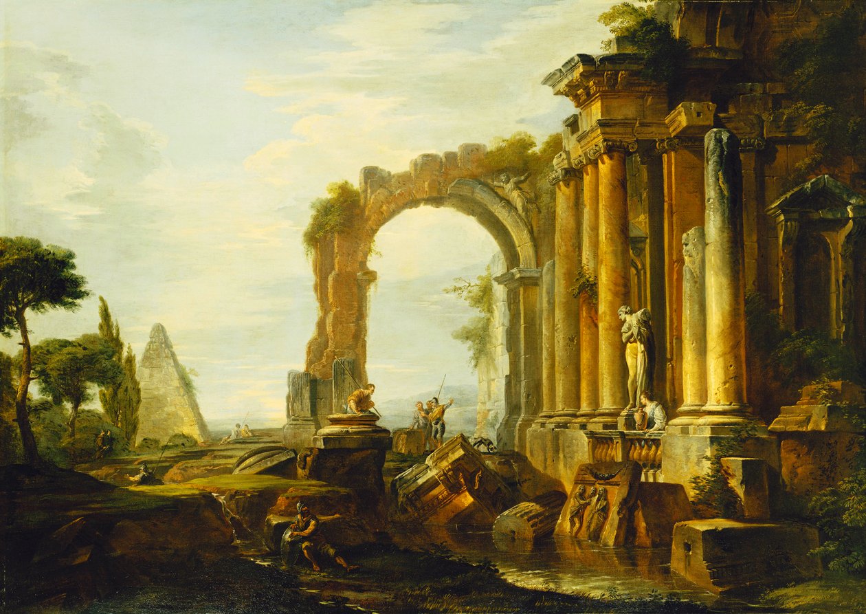 برج من الأنقاض الكلاسيكية مع هرم Cestius والأشكال في المناظر الطبيعية ، بواسطة جيوفاني باولو بانيني