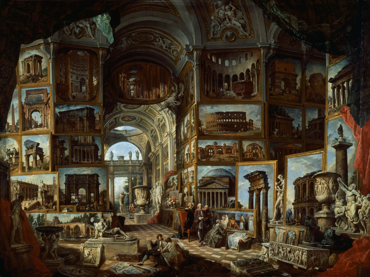 معرض تخيلي لمناظر روما القديمة ، حوالي 1756 ، بقلم جيوفاني باولو بانيني (1691-1765) ، زيت على قماش بواسطة جيوفاني باولو بانيني