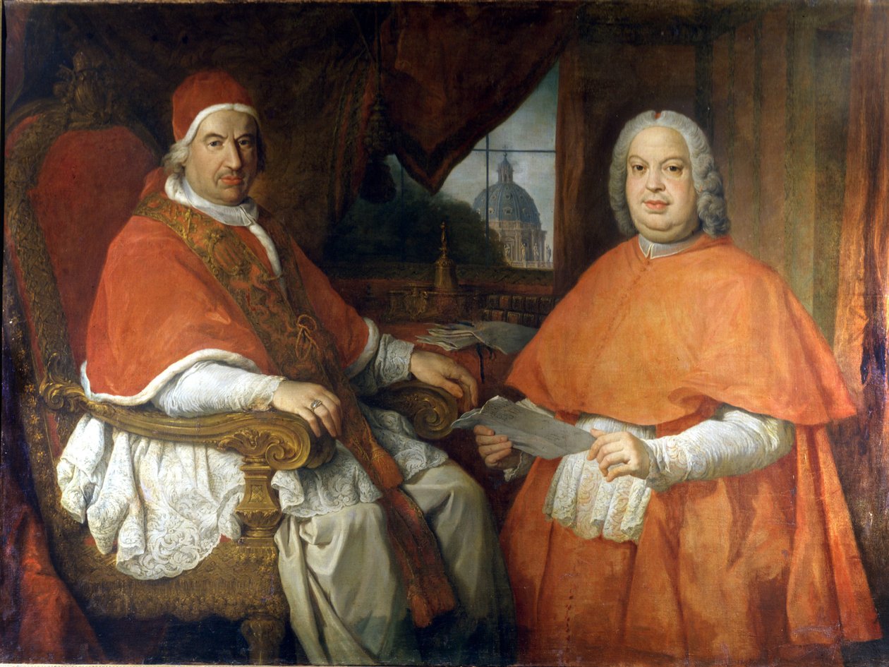 صور شخصية للبابا بنديكتوس الرابع عشر (1675 - 1758) والكاردينال سيلفيو فالنتي غونزاغ. لوحة جيوفاني باولو بانيني (بانيني). القرن ال 18. المتحف الروماني الوطني ، روما. بواسطة جيوفاني باولو بانيني