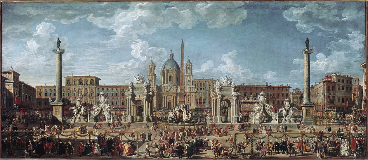 Preparations for the fireworks and decorations of the feast given in Rome celebrating the birth of the Louis de France dolphin (oil on canvas بواسطة جيوفاني باولو بانيني