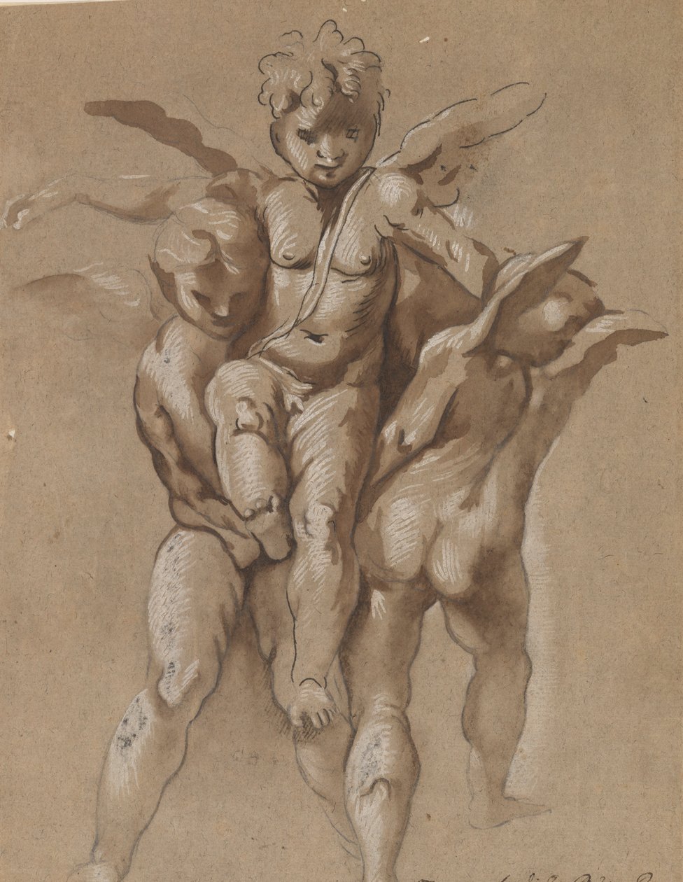اثنان Putti يحملان Putti الثالث (وجهًا) ؛ شاب ذو عصا (ظهر) بواسطة جيوفاني بيترو بوسينتي