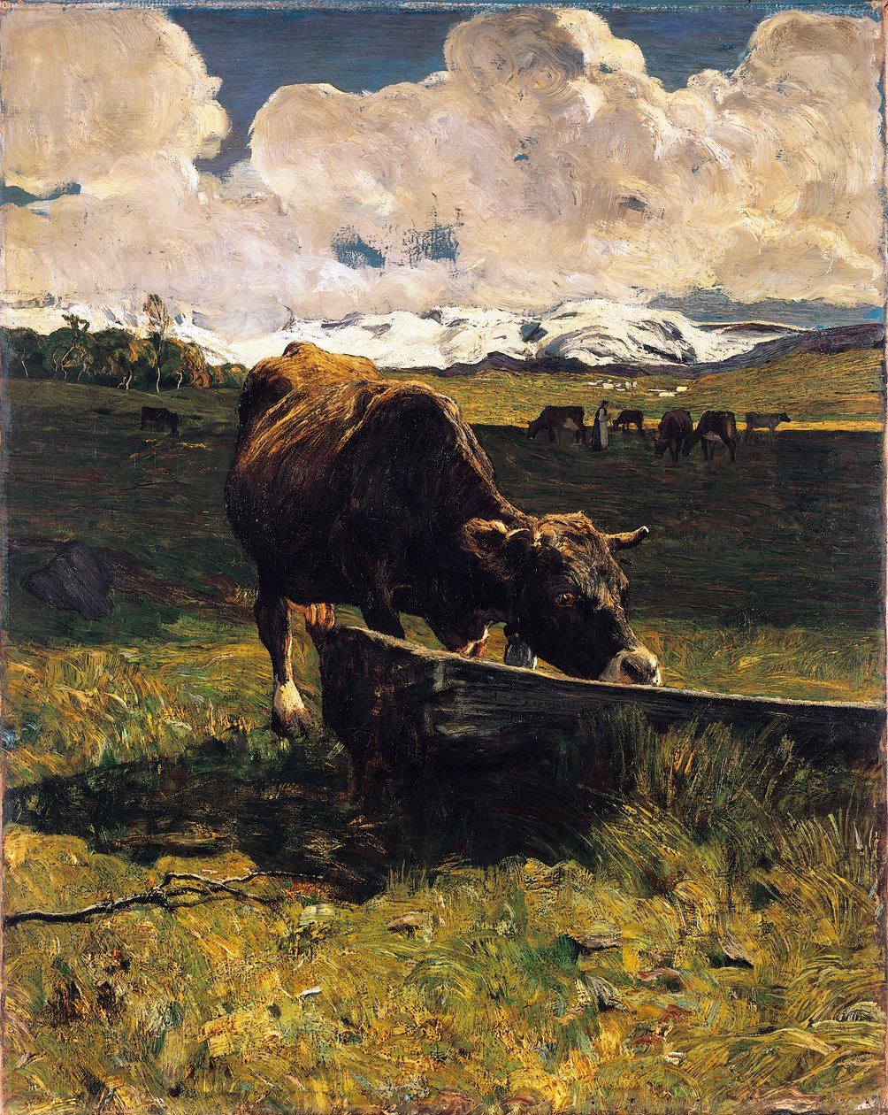 بقرة بنية في حوض بقلم جيوفاني سيجانتيني (1858-1899) ، زيت على قماش ، 88 × 69 سم بواسطة جيوفاني سيجانتيني
