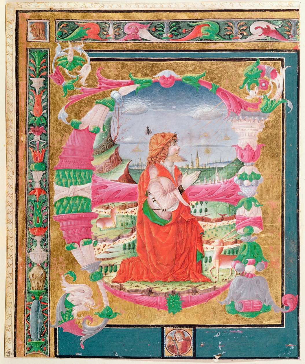 الحرف الأولي التاريخي E مع صورة راكعة للملك ديفيد ، 1482-83 (مرحاض على ورق) بواسطة جيوفاني وسيكونوغارا ، أنطونيو غاديو