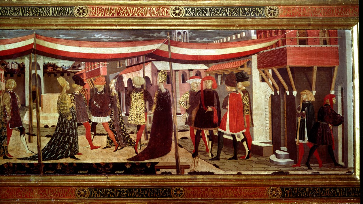 Renaissance Wedding Ceremony Detail of the left part of the panel decorating the Cassone Adimari. Wedding scene in Piazza del Duomo (Plaza de la Cathedrale Santa Maria del Fiore). Couples in the cortege advance under a canopy. Painting by Giovanni di Ser G بواسطة جيوفاني دي سير جيوفاني شيجيا