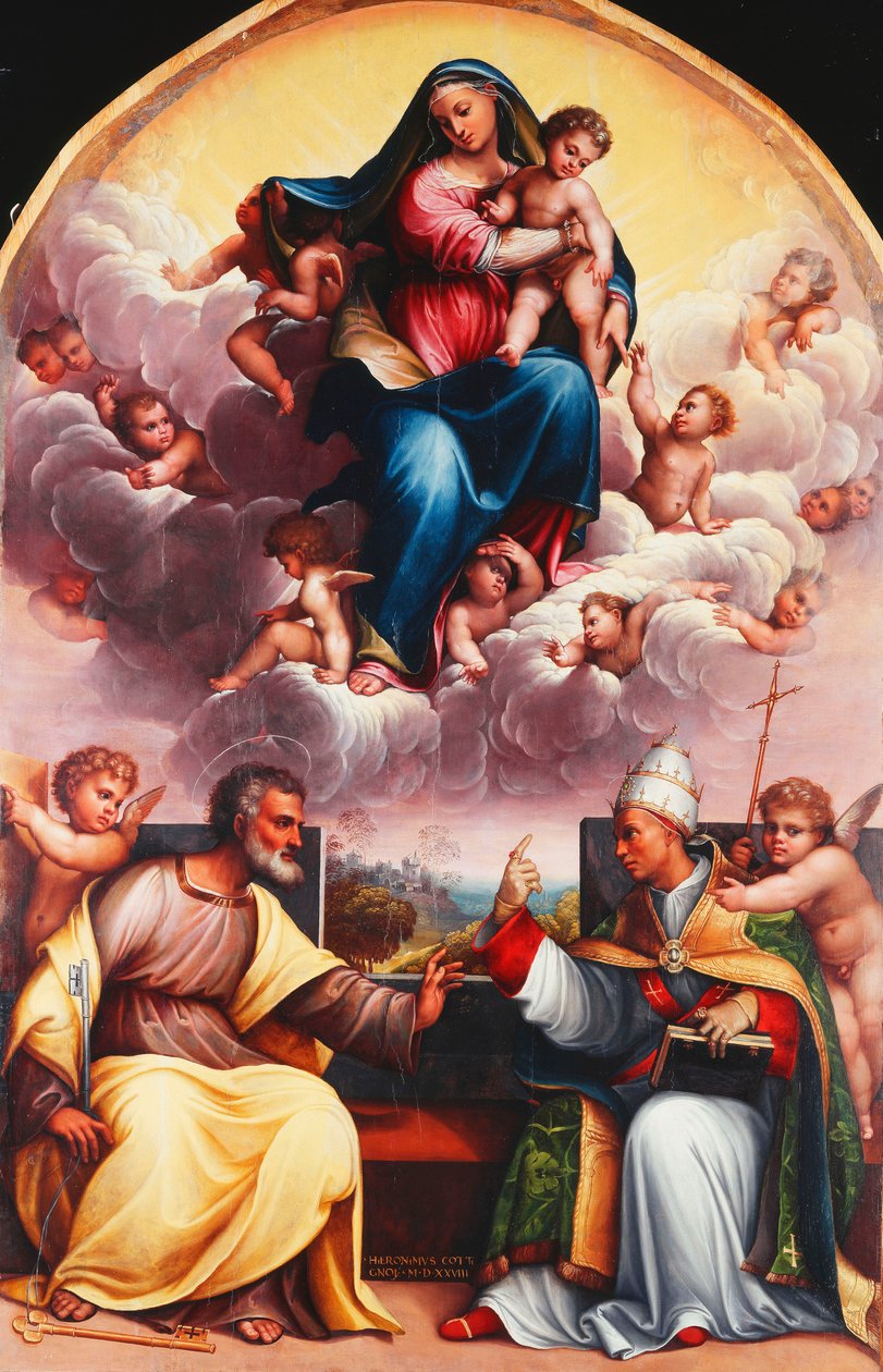 مادونا والطفل في المجد مع القديسين بيتر وغريغوري الكبير المتنازع عليها والملائكة بواسطة Girolamo Marchesi da Cotignola