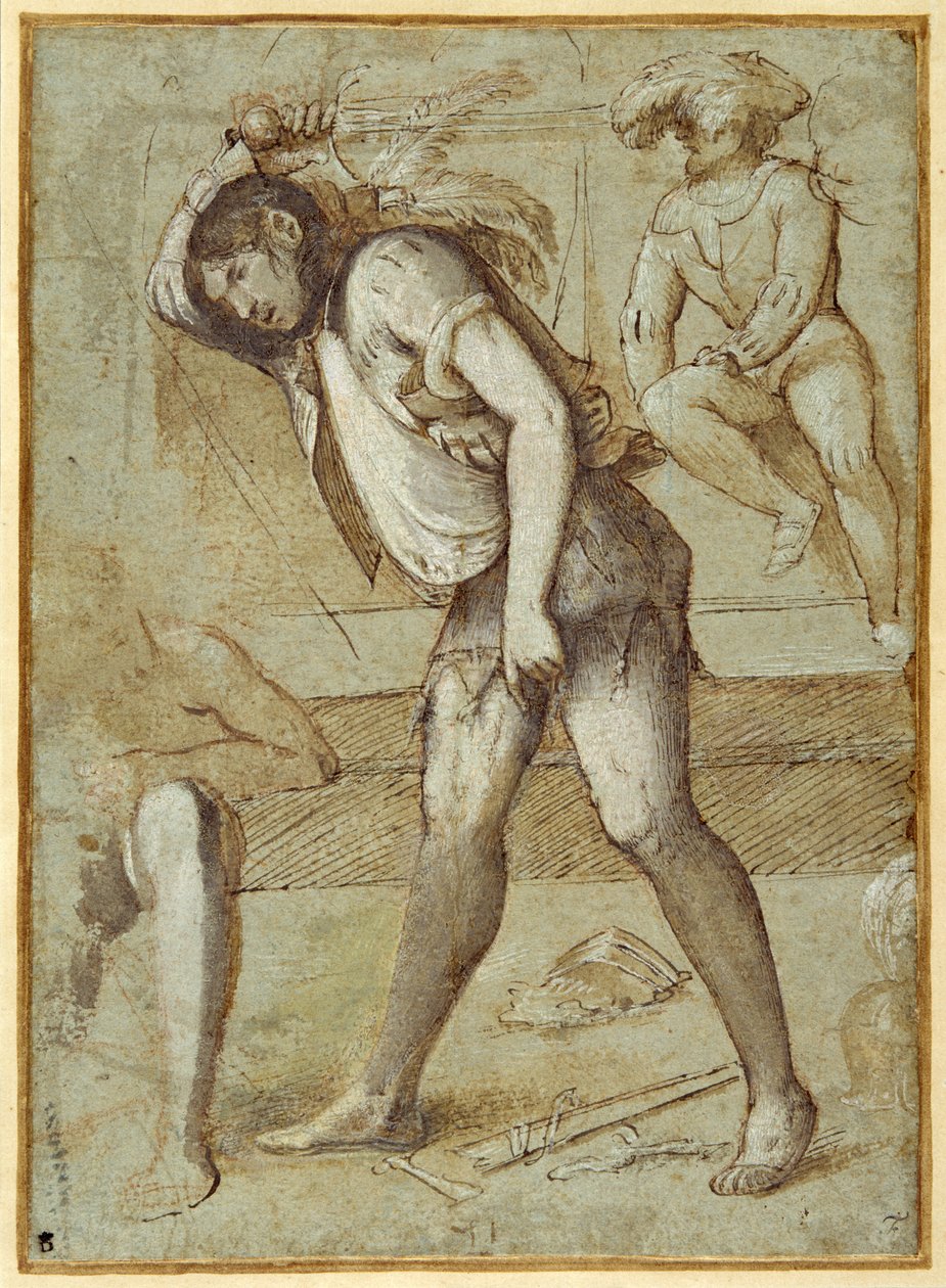 جلاد على وشك قطع رأس قديس ملتح (قلم وحبر بني مغسول باللون البني مضاف إليه لون الجسم الأبيض فوق طباشير أحمر على كارتا أزورا) بواسطة جيرولامو رومينو