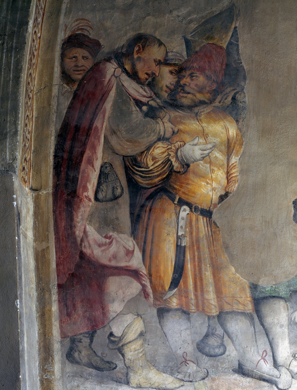 Two men talking to each other, detail of a fresco by Girolamo Romanino (ca1484-after 1562), the left wall of the presbytery of the Church of Saint Anthony Abbot, Breno. Italy بواسطة جيرولامو رومينو