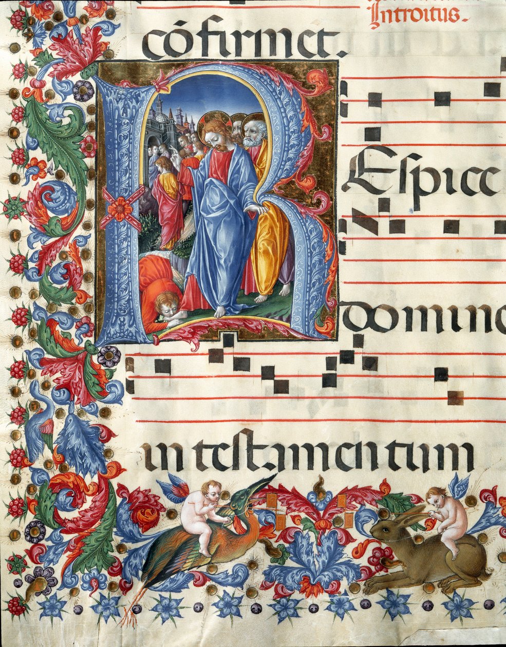 Decoree lettrine يصور المسيح و Leper Miniature بواسطة Girolamo da Cremona (نشط حوالي 1451-1483) و Liberale da Verona (1445-1529) من جوقة (Cod. 19/4. c.26.) من كاتدرائية سيينا. القرن الخامس عشر كاتدرائية (دومو) في سيينا ، إيطاليا بواسطة جيرولامو دا كريمونا