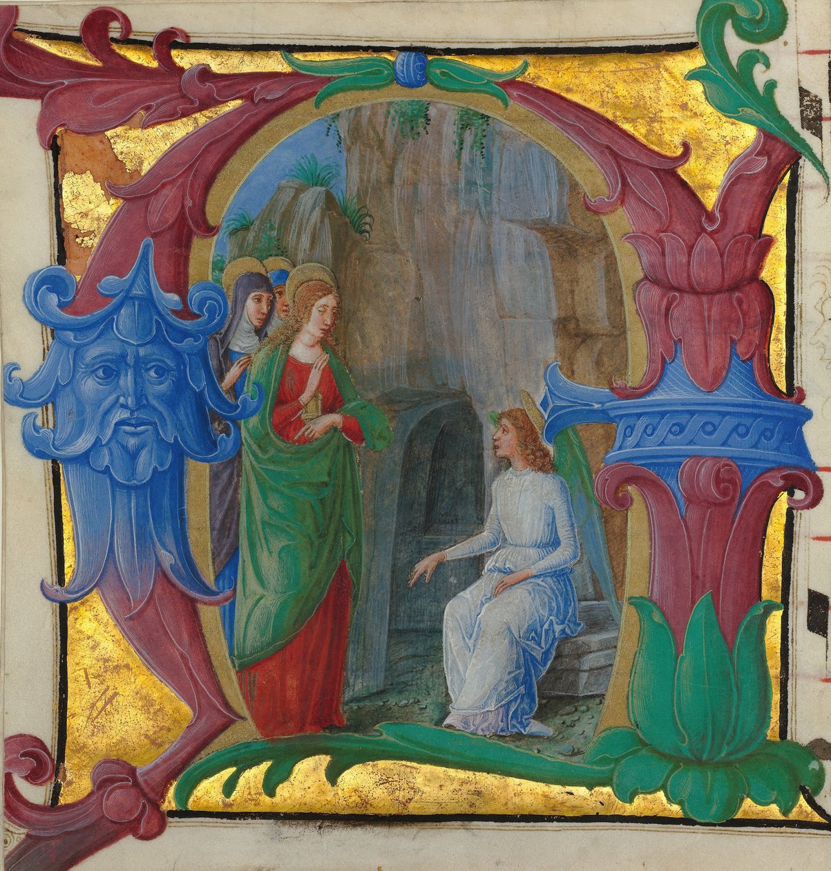 إضاءة مخطوطة مع النساء المقدسات في القبر في أول حرف أ ... ، إيطالي ، كاليفورنيا. 1490-1500. بواسطة جيرولامو داي ليبري