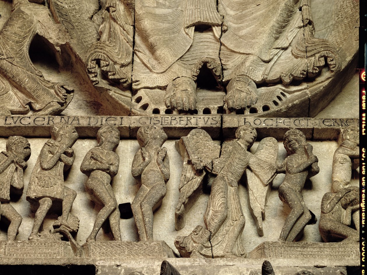 لوحة طبلة ويست بورتال تصور الحكم الأخير: تفاصيل أقدام المسيح ، ملاك وبشر ، الحجر الجيري 1130-35 بواسطة Gislebertus