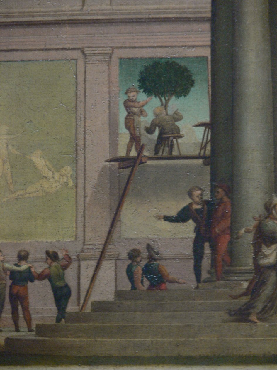 سرقة دينا (تكوين 34). متحف Kunsthistorisches Wien ، Gemäldegalerie ، Inv. رقم 1554 ، التفاصيل في الخلفية (رسام الحائط على السقالات) بواسطة جوليانو بوجيارديني