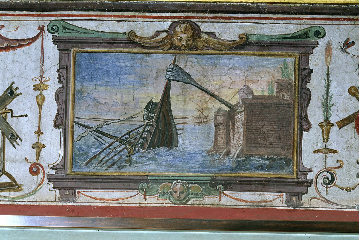 جهاز سمح لأرخميدس (c.287-12 قبل الميلاد) بسحب سفينة إلى الشاطئ ، Stanza della Mattematica ، 1587-1609 بواسطة جوليو باريجي