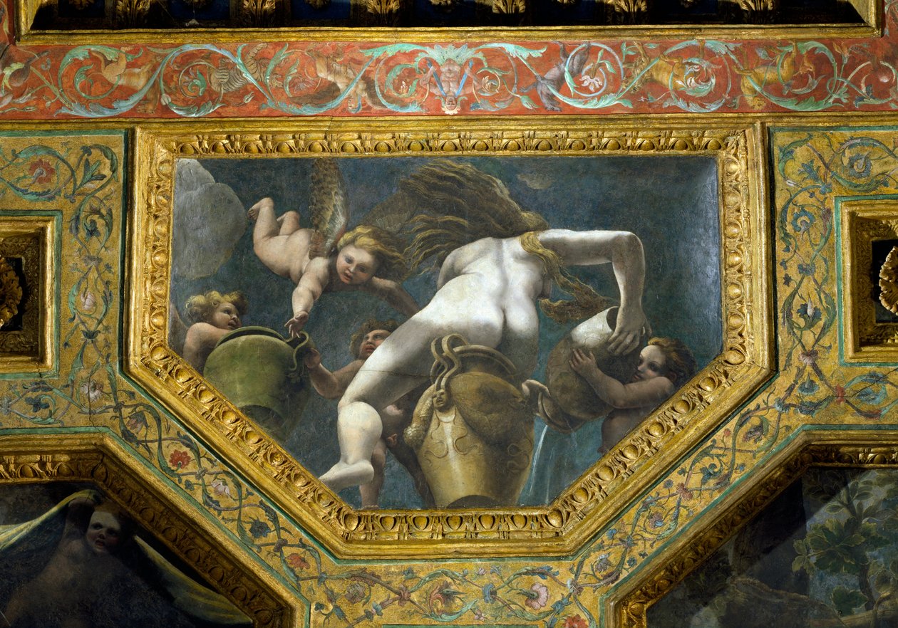 حورية صب الماء من جرة مدعومة ببوطي ، كيسون السقف من Sala di Amore e Psiche ، 1528 (زيت على الجص) بواسطة جوليو رومانو