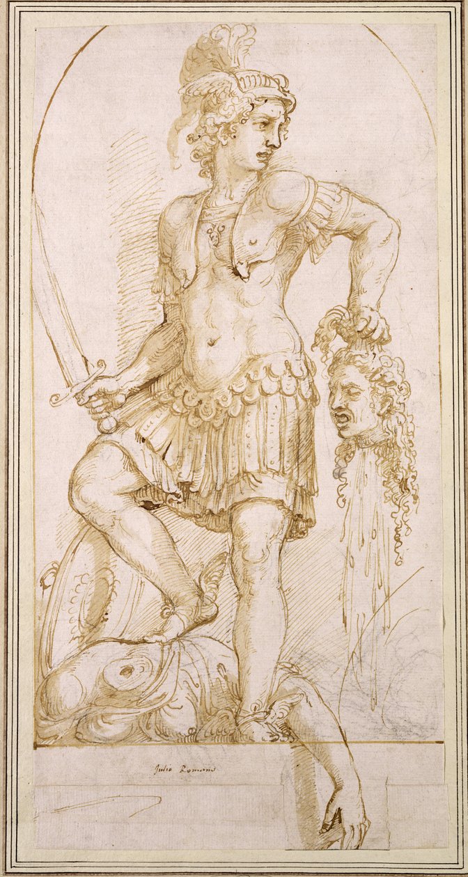 Perseus ، c.1540 (قلم وقلم رصاص بني مع طباشير أسود على ورق أبيض) بواسطة جوليو رومانو