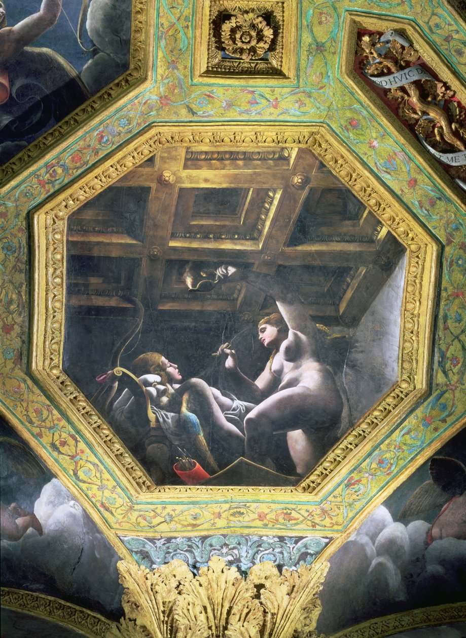 النفس يرى كيوبيد وهو نائم ، سقف كيسون من Sala di Amore e Psiche ، 1528 (زيت على الجص) بواسطة جوليو رومانو