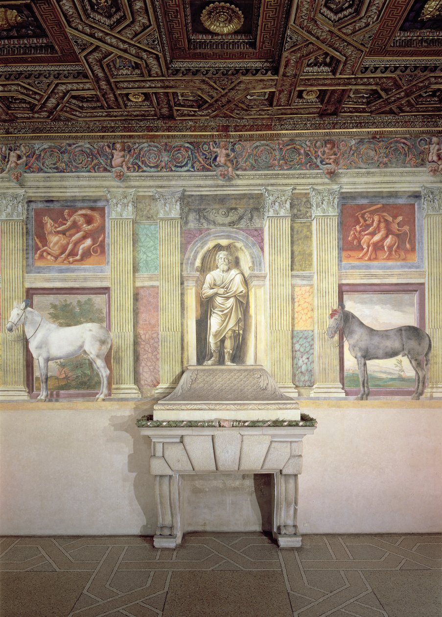 Sala dei Cavalli مع صور ترومبي لوييل لخيلين ، إله المشتري والألواح البرونزية المقلدة لعمال هرقل كلها في إطار معماري ، الجدار الجنوبي ، 1528 بواسطة جوليو رومانو