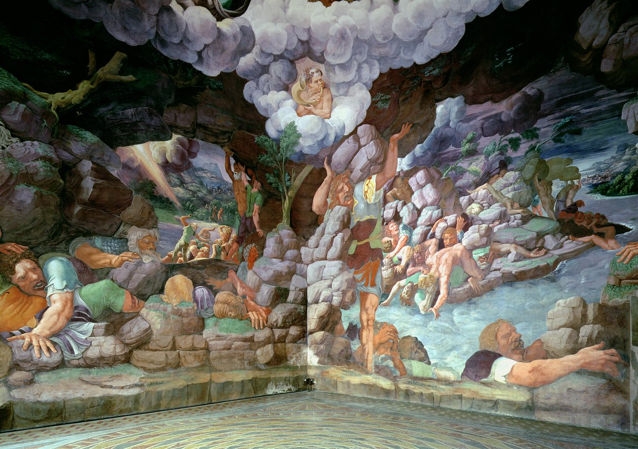 Sala dei Giganti ، منظر لجدارين يوضحان تدمير العمالقة المتمردة بواسطة صواعق المشتري ، 1536 (لمزيد من التفاصيل ، انظر 78483-86) بواسطة جوليو رومانو