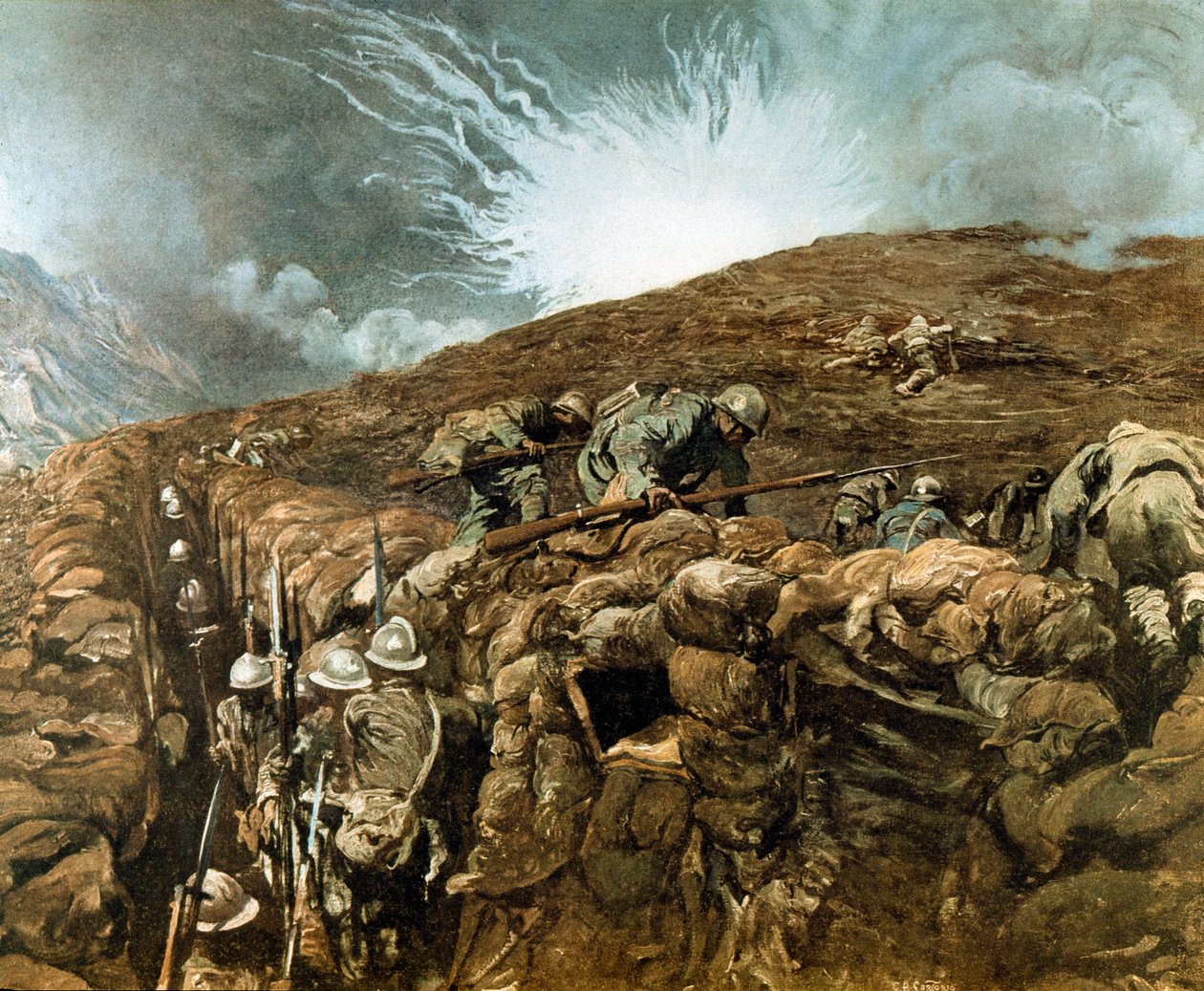 WWI: trenches near Gorizia, Italian campaign aroung Isonzo river, September 1917 (painting) بواسطة جوليو أريستيد سارتوريو