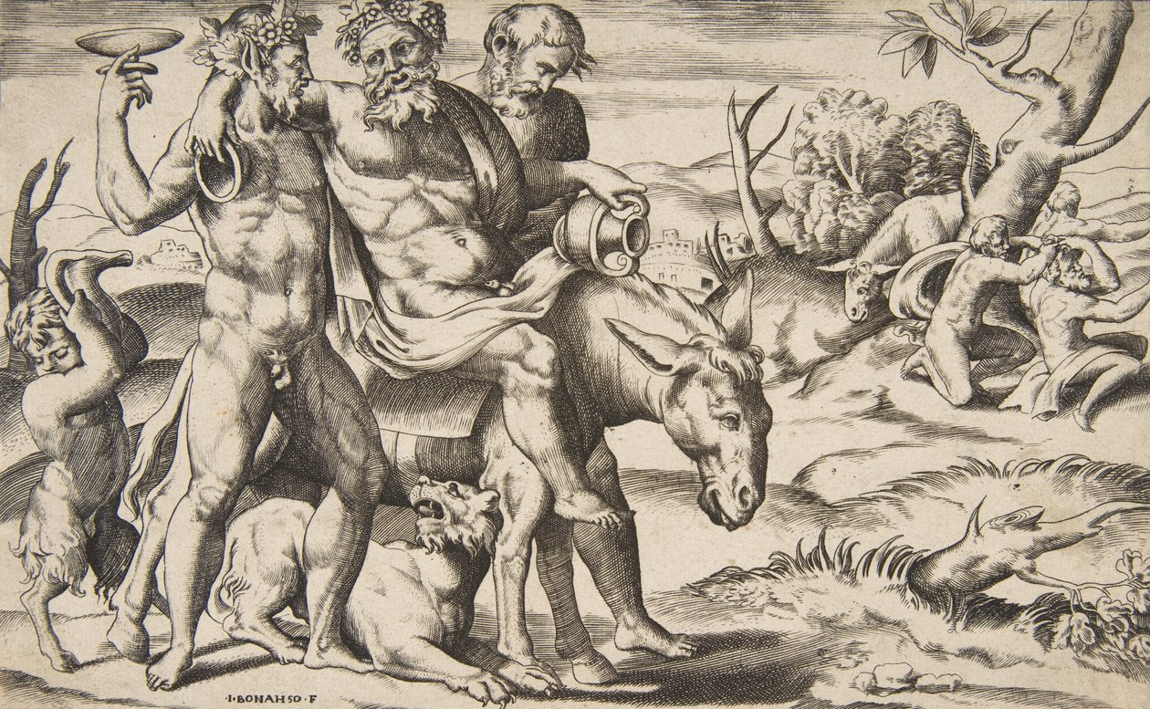 سيلينوس مخمور يركب حمارًا يدعمه الساتير ، 1531-157 بواسطة جوليو بوناسون