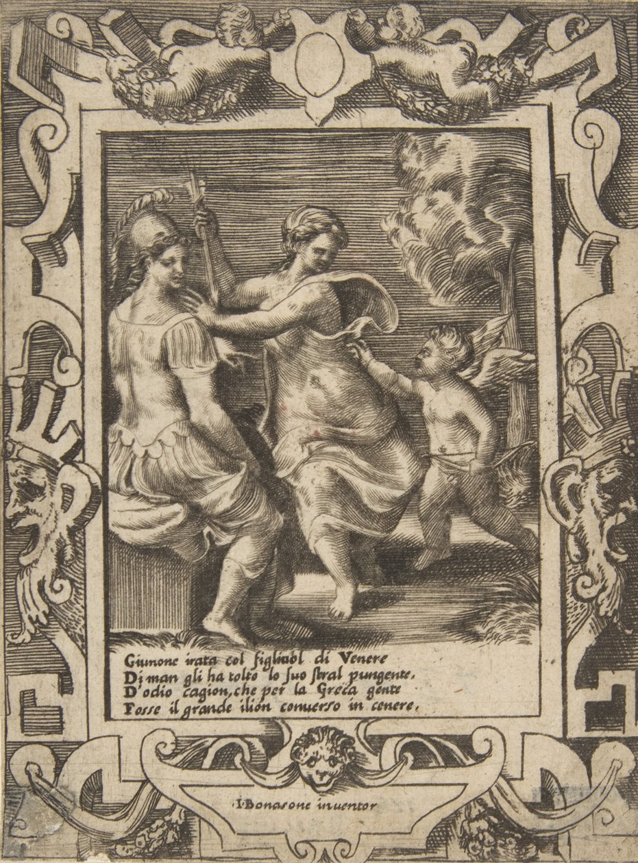 جلست أثينا بالقرب من جونو الذي أخذ سهام كيوبيد ، الموضوعة داخل إطار مفصل ... ، 1531-1576. بواسطة جوليو بوناسون