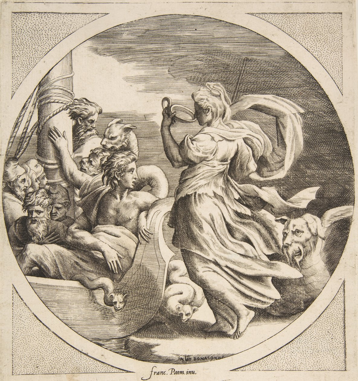سيرس الشرب من كوب مع رفقاء يوليسيس في قارب على اليسار ، دائري ... ، 1531-1576. بواسطة جوليو بوناسون