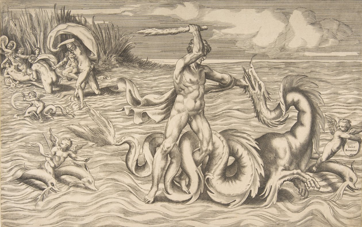 هرقل يقاتل أدراجون في الوسط ، أخيلوس يحمل Deianeira أعلى اليسار ، 1531-1576. بواسطة جوليو بوناسون