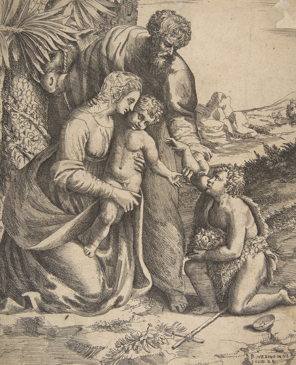 العائلة المقدسة مع القديس يوحنا المعمدان الجثو على اليمين ، 1531-1576. بواسطة جوليو بوناسون