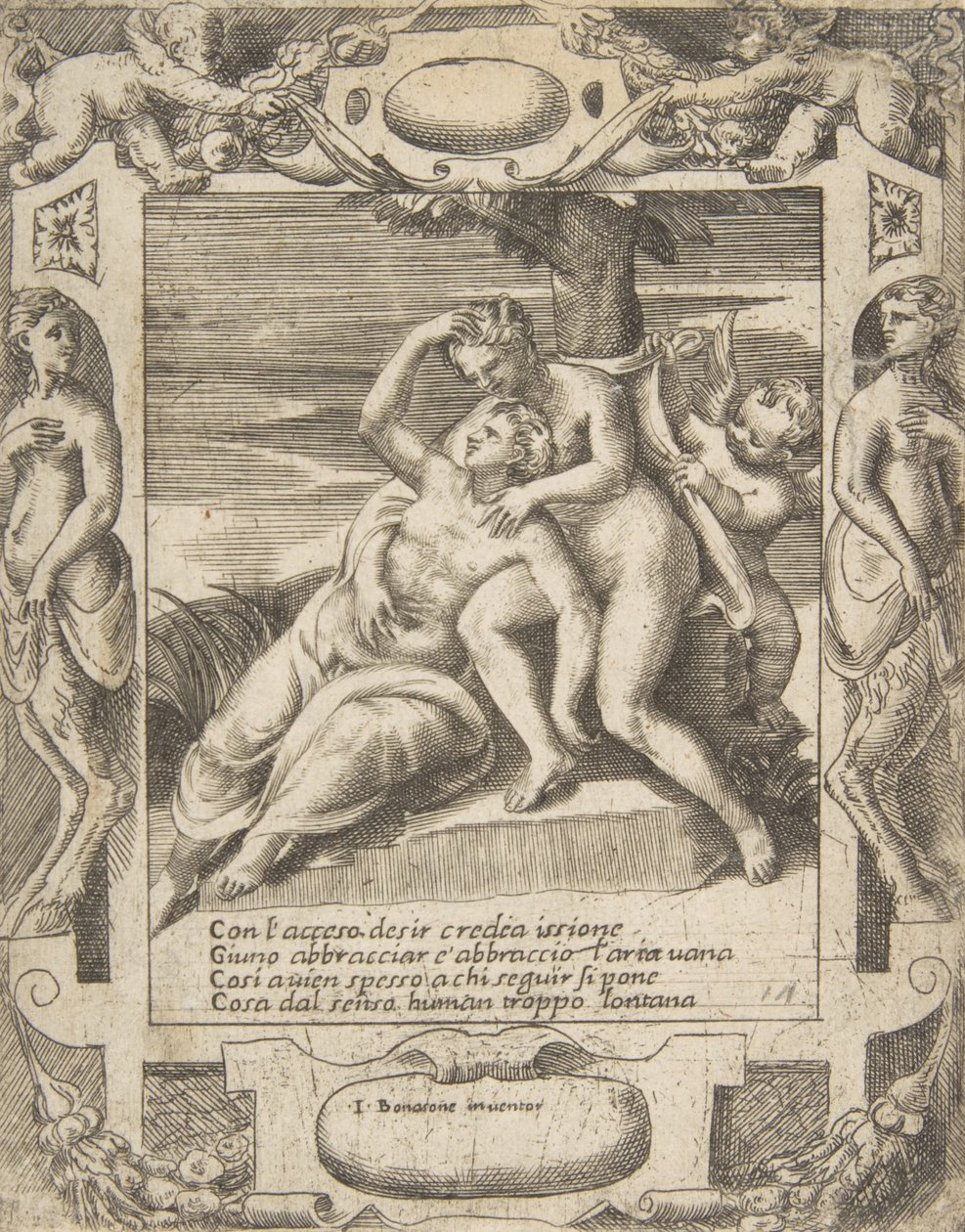 Ixion يحتضن سحابة ، معتقدًا أنه جونو ، كيوبيد على اليمين ، يقع داخل مفصل ... ، 1531-1576. بواسطة جوليو بوناسون