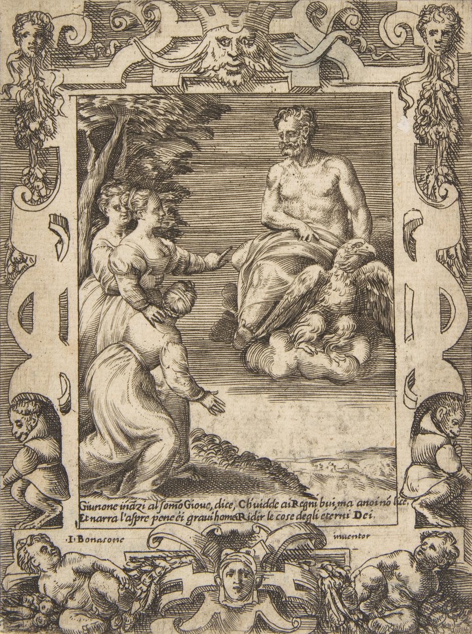 يسأل جونو على اليسار كوكب المشتري لمساعدة الإغريق ، داخل إطار مفصل ، من '... ، 1531-1576. بواسطة جوليو بوناسون
