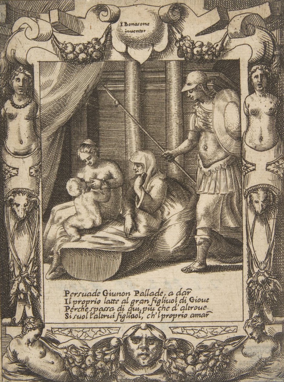 جونو يقنع أثينا بإرضاع هرقل الشاب ، في إطار مفصل ، من ... ، 1531-1576. بواسطة جوليو بوناسون