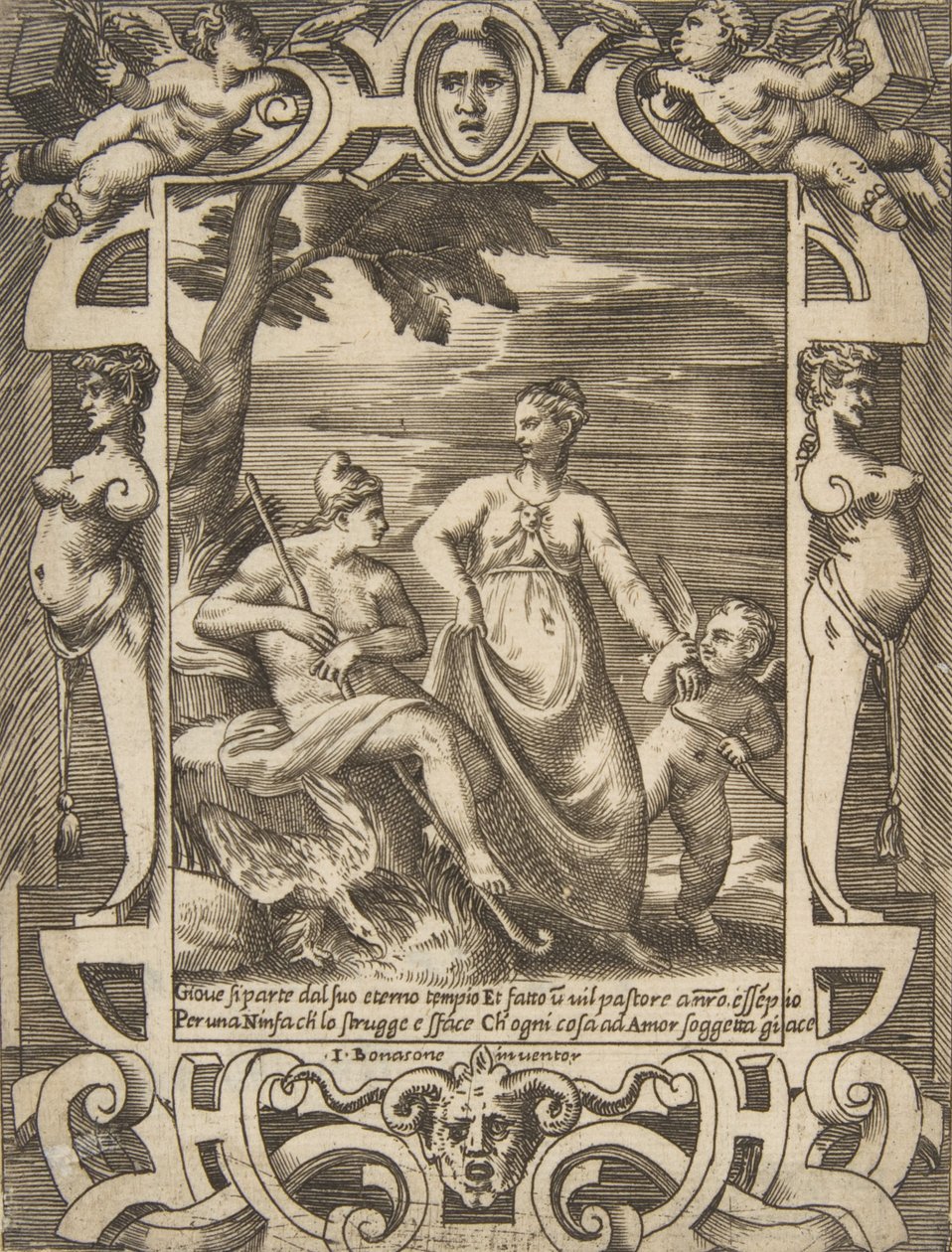 كوكب المشتري على اليسار في شكل راعي برفقة منيموسيني ، داخل elabo ... ، 1531-1576. بواسطة جوليو بوناسون