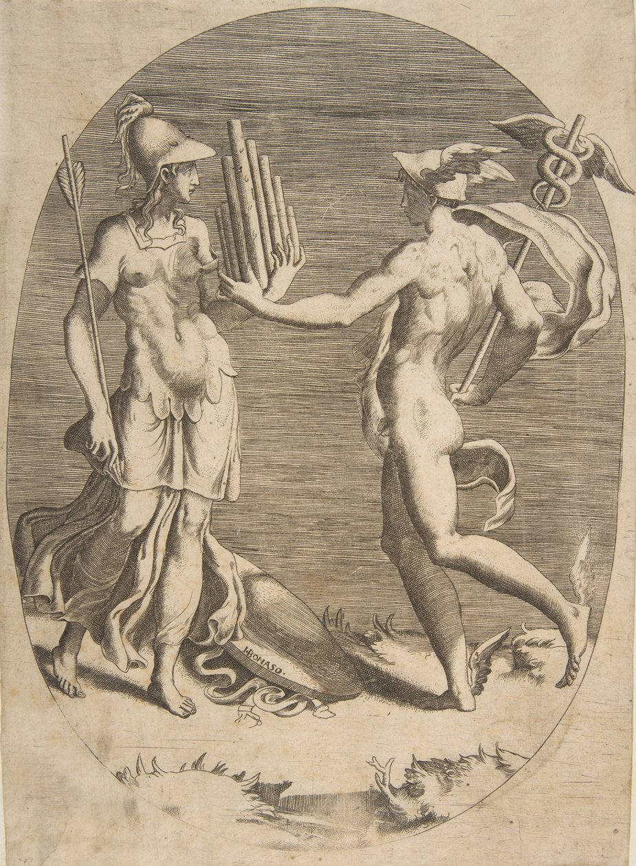 عطارد يقدم أنبوب عموم إلى مينيرفا الذي يقف على اليسار ، تكوين بيضاوي ، 1531-1576. بواسطة جوليو بوناسون