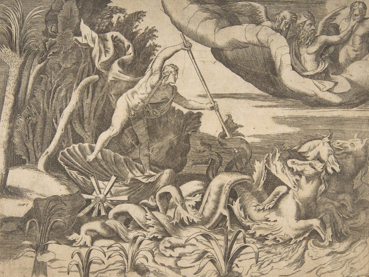 نبتون في عربته يتم رسمها بواسطة فرس البحر ، من قسم الكون ، 1 ... ، 1531-1576. بواسطة جوليو بوناسون