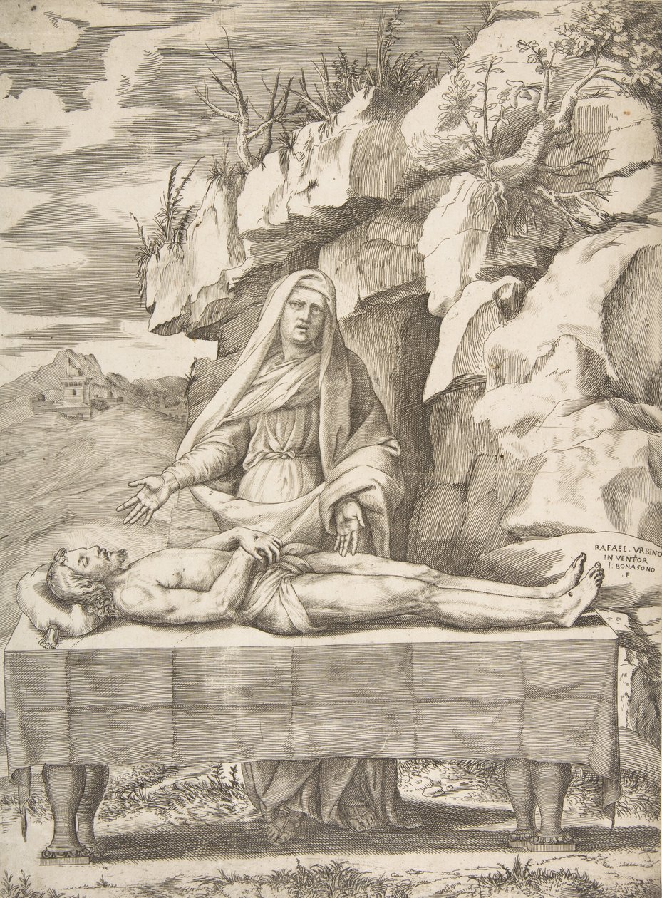 بيتا ، المسيح ممدد على طاولة في منظر طبيعي ، العذراء تقف خلف ذراعيها ... ، 1531-1576. بواسطة جوليو بوناسون