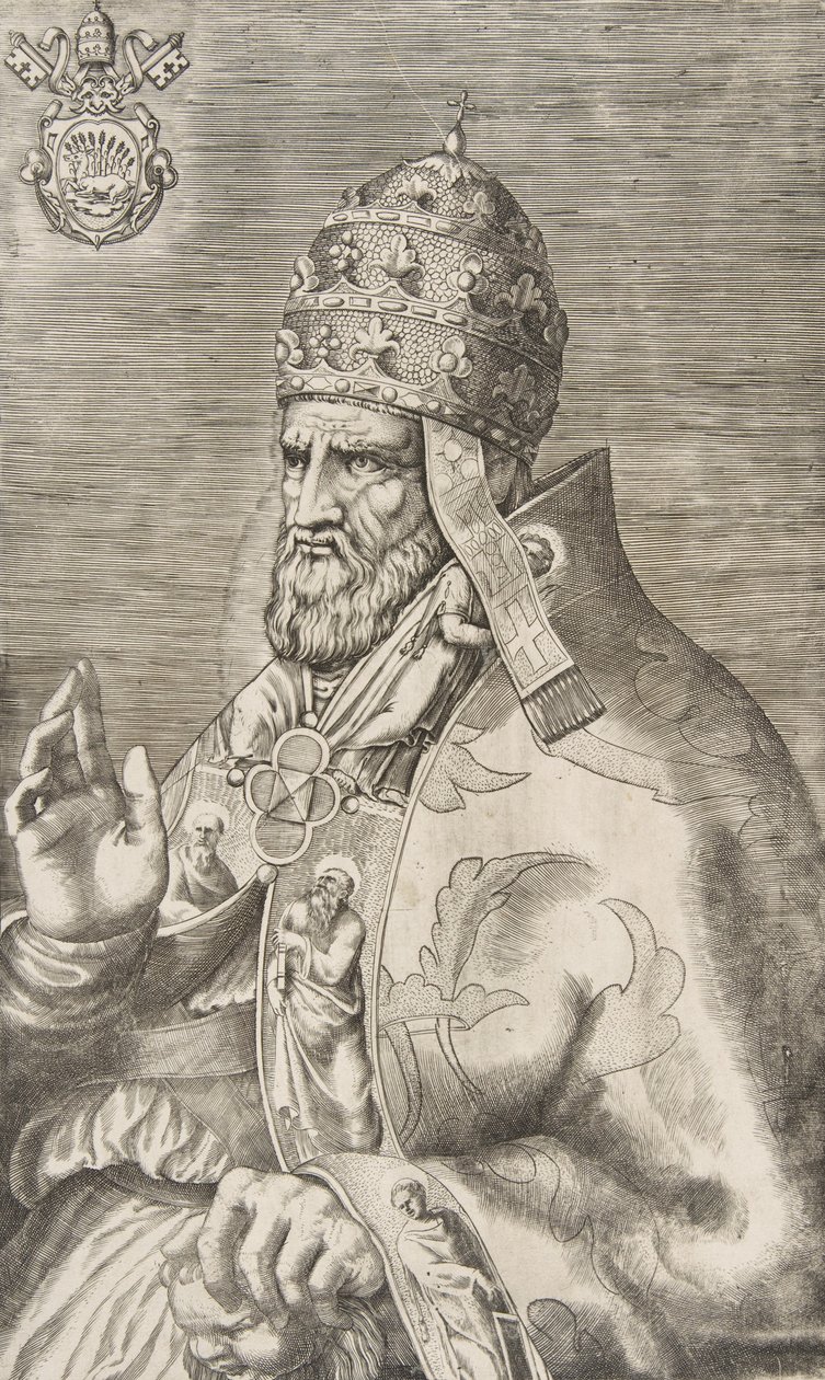 صورة البابا مارسيلوس الثاني ، مرفوعة اليد اليمنى متجهة إلى اليسار ، كاليفورنيا. 1555. بواسطة جوليو بوناسون