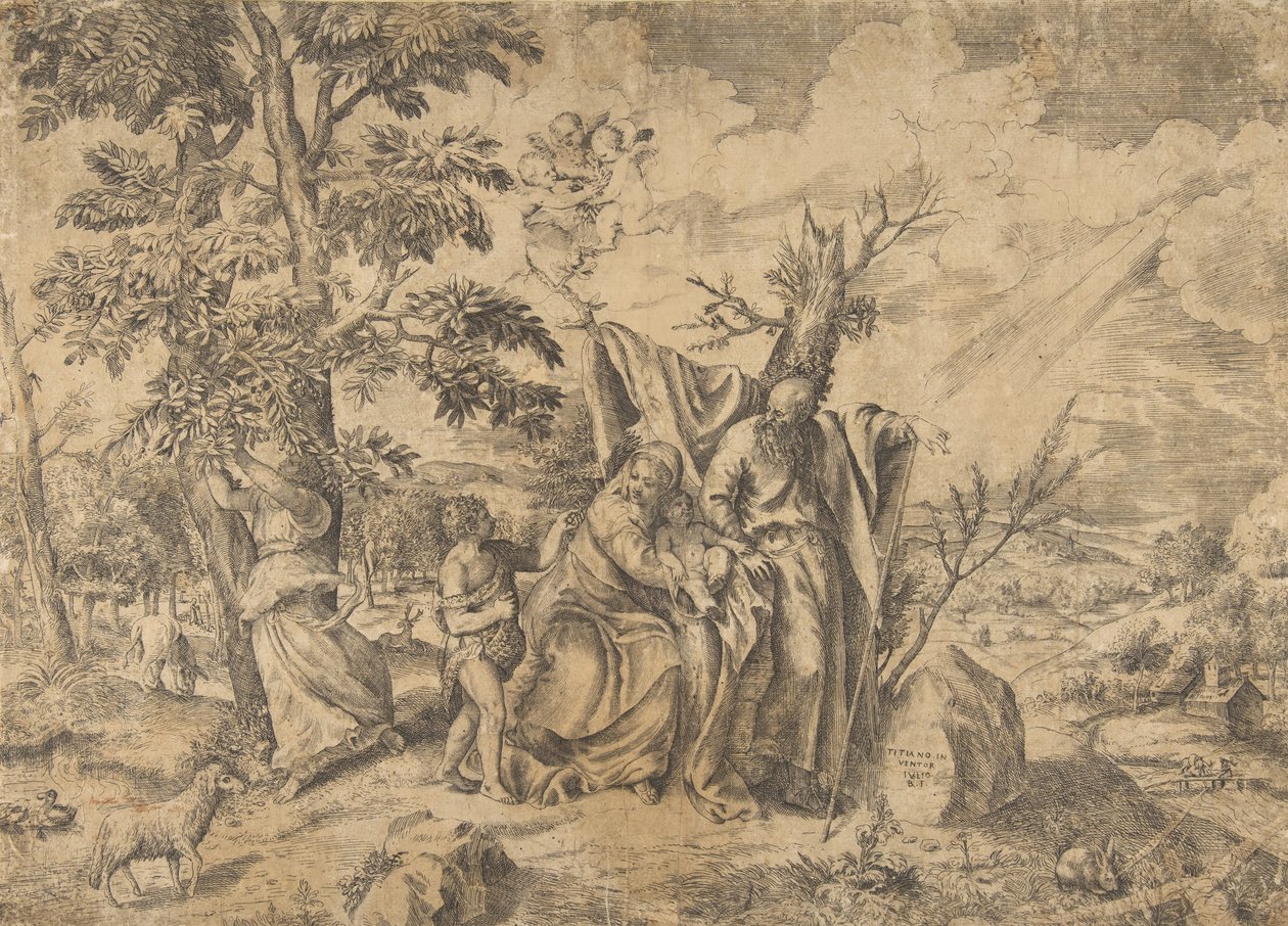 البقية في رحلة إلى مصر ، يوسف على اليمين ، العذراء تحمل الطفل المسيح في ... ، 1531-1576. بواسطة جوليو بوناسون