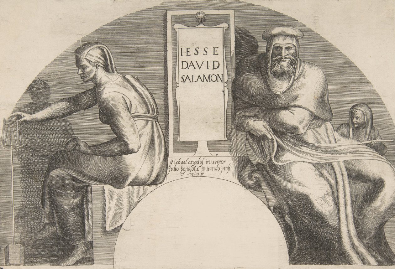 أسلاف المسيح يحيطون بلوح منقوش ، تكوين علوي مقوس ، 1531-1576. بواسطة جوليو بوناسون