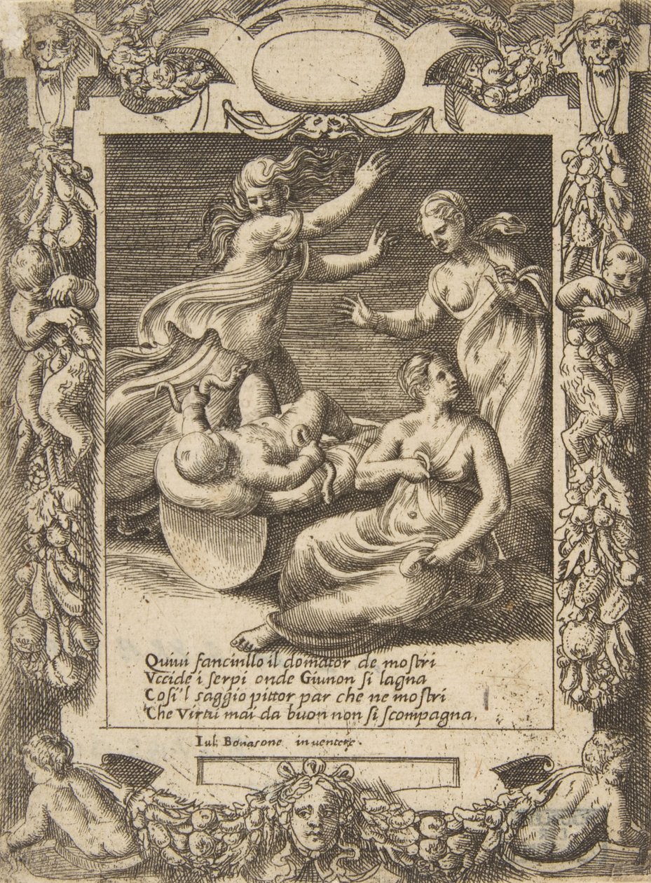 قتل الرضيع هرقل الأفاعي ، داخل إطار مفصل ، من 'Loves، ...، 1531-1576. بواسطة جوليو بوناسون