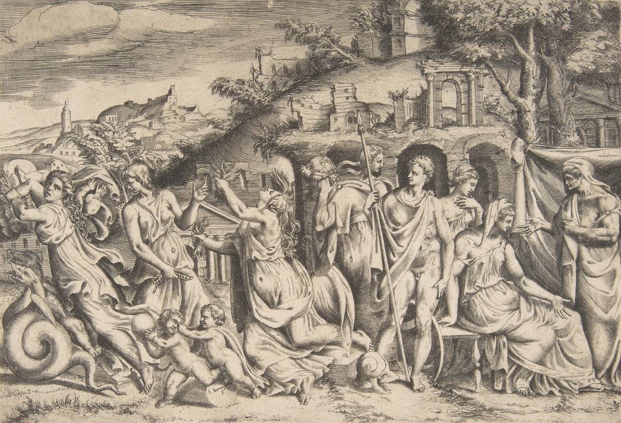 قصة جيسون ومديا على اليسار تحمل ابنها ، في الوسط ... ، 1531-1576. بواسطة جوليو بوناسون