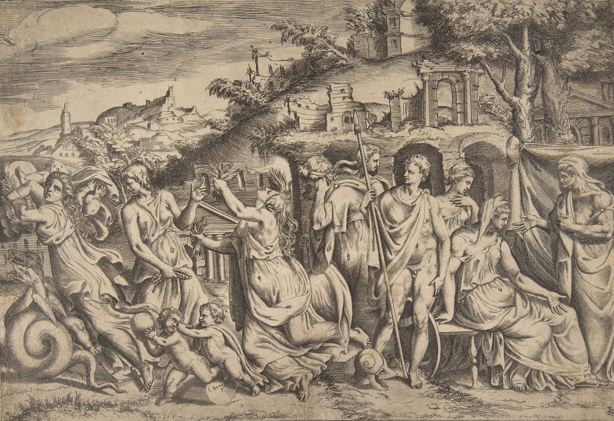 قصة جيسون وميديا على اليسار تحمل ابنها ، في المنتصف هي ... ، 1531-1576. بواسطة جوليو بوناسون